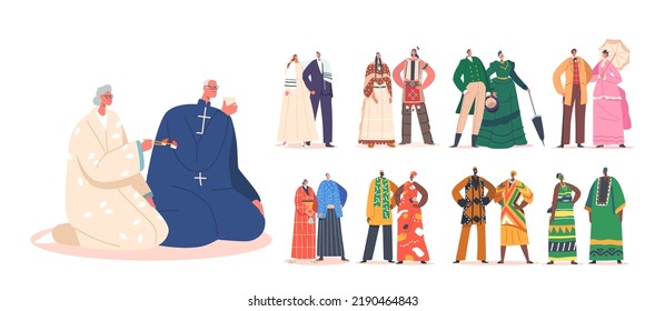 Set of Authentic Couples. Male and Female Characters of Chinese, Jewish, African, Japanese or European Ethnicity. Victorian, Indian, Oriental Married Pairs. Cartoon People Vector Illustration