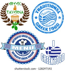 Set Of Authentic Greek Food Stamp And Labels On White Background, Vector Illustration