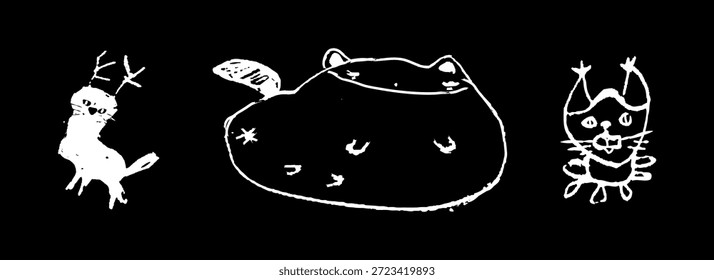 A set of authentic, hand-drawn vector illustrations in a naive art style, featuring cute and funny wild animals: a fox with deer antlers, a round cat, and a squirrel. Black and white sketch for kids book design, prints, stickers and modern authentic graphic projects. Imperfect lines, human touch aesthetic.
