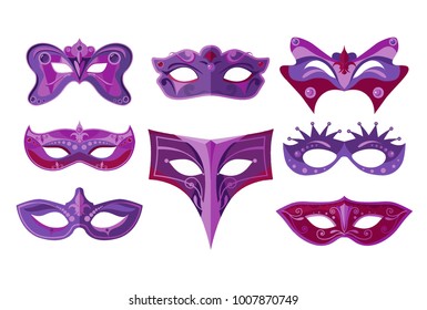 Set of authentic party carnival face masks decoration masquerade on purle shades
