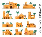 Set of authentic traditional arabian mud brick houses and muslim mosque. Islamic architectural buildings with domes and minarets. Middle east residents with palm trees and bushes. Vector in flat style