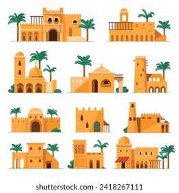 Set of authentic traditional arabian mud brick houses and muslim mosque. Islamic architectural buildings with domes and minarets. Middle east residents with palm trees and bushes. Vector in flat style