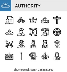 Set of authority icons such as Crown, Stamp, Police car, Scepter, Policeman, Puppet, Police station, Cop, King, Sceptre, Auction , authority