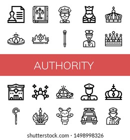 Set of authority icons such as Stamp, Crown, Law book, Cop, Sceptre, King, Policeman, Police station, Police car, Hand puppet , authority