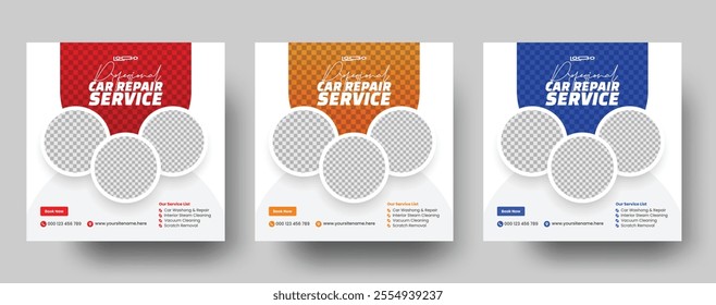 Set of auto car repair service square banner design template. Editable car repair service banner. Usable for social media posts, banners, and web.