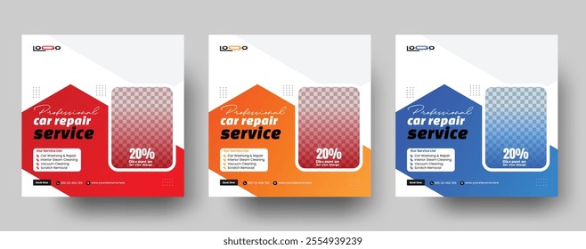 Set of auto car repair service square banner design template. Editable car repair service banner. Usable for social media posts, banners, and web.