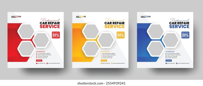 Set of auto car repair service square banner design template. Editable car repair service banner. Usable for social media posts, banners, and web.