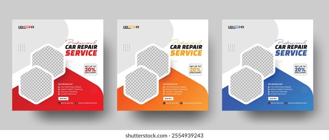 Set of auto car repair service square banner design template. Editable car repair service banner. Usable for social media posts, banners, and web.