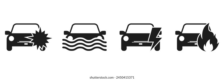 Set of Auto crash signs. Broken cars signs collection. Vector illustration.