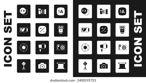 Set Auto flash, Exposure compensation, Battery for camera, Photo fx,  and Camera shutter icon. Vector
