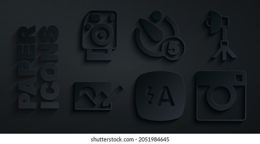 Set Auto flash, Softbox light, Photo retouching, camera, Camera timer and  icon. Vector