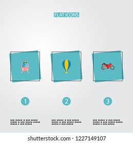 Set of auto icons flat style symbols with air balloon, motorcycle, tram and other icons for your web mobile app logo design.