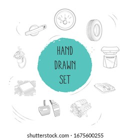 Set of auto icons line style symbols with hoods, gas pedal, door handle icons for your web mobile app logo design.