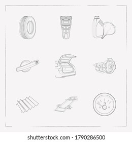 Set of auto icons line style symbols with car oil, car transmission, car chassis and other icons for your web mobile app logo design.