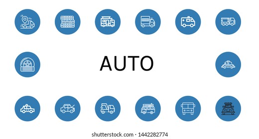 Set of auto icons such as Truck, Tires, Caravan, Prisoner transport vehicle, Ambulance, Crane truck, Taxi, Car, Tow, Van, Bus, Tyre , auto