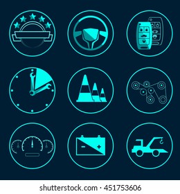 Set to auto logo, badge, emblem or logotype element for mechanic, garage, car repair, auto service