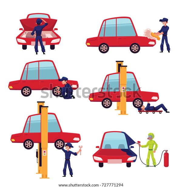 Set of auto mechanic, car service worker,\
technician fixing a car, cartoon vector illustration isolated on\
white background. Auto mechanic repairing, cleaning, dying a car,\
car maintenance concept