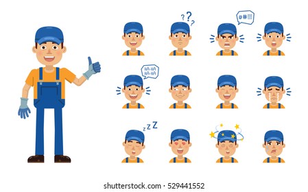 Set of auto mechanic character emoticons. Worker avatars showing different facial expressions. Happy, sad, smile, laugh, tired, angry, surprised, in love and other emotions. Simple vector illustration