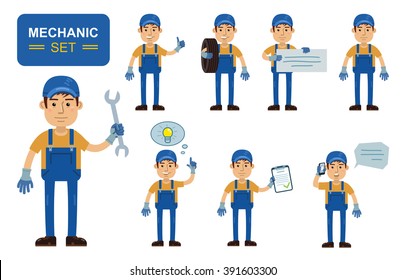 Set of auto mechanic characters posing in different situations. Cheerful worker showing thumb up, pointing, holding banner, phone, document, wrench, tire. Simple style vector illustration