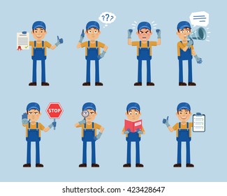 Set of auto mechanic characters posing in different situations. Cheerful worker talking on phone, thinking, angry, holding loudspeaker, document, stop sign, book, magnifier. Flat vector illustration