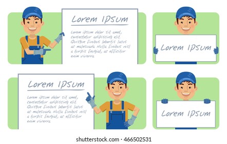 Set of auto mechanic characters posing with different banners. Cheerful worker holding placard, poster, paper. Advertise, promote, teach. Flat style vector illustration