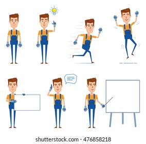 Set of auto mechanic characters posing in different situations. Cheerful worker standing, pointing up, running, jumping, talking to phone, teaching, holding banner. Flat style vector illustration