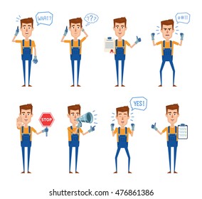 Set of auto mechanic characters posing in different situations. Cheerful worker talking to phone, surprised, thinking, angry, holding document, stop sign, loudspeaker. Flat style vector illustration