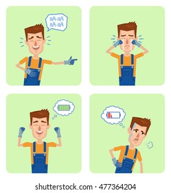 Set of auto mechanic characters posing in different situations. Cheerful mechanic laughing, crying, full of energy, tired. Flat style vector illustration