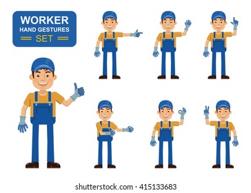 Set of auto mechanic characters showing different hand gestures. Cheerful worker showing thumb up gesture, this way, greeting, waving, pointing up, victory sign. Flat style vector illustration