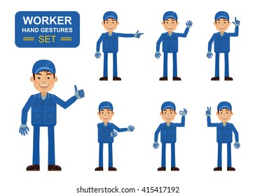 Set of auto mechanic characters showing different hand gestures. Cheerful worker showing thumb up gesture, this way, greeting, waving, pointing up, victory sign. Flat style vector illustration