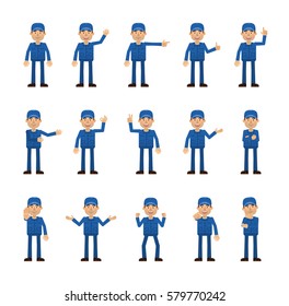 Set of auto mechanic characters showing different hand gestures. Cheerful worker showing thumb up, pointing, greeting, victory, stop sign and other hand gestures. Simple vector illustration