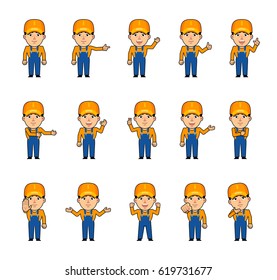 Set of auto mechanic characters showing various hand gestures. Funny workman pointing, greeting, showing thumb up, victory, okay, stop sign and other hand gestures. Simple vector illustration