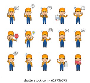 Set of auto mechanic characters showing various actions, emotions. Funny workman holding stop sign, document, talking on phone, reading a book and doing other actions. Simple vector illustration