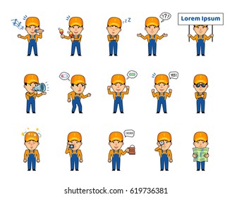 Set of auto mechanic characters showing various actions, emotions. Funny workman holding placard, loudspeaker, beer mug, singing, tired, sleeping and doing other actions. Simple vector illustration