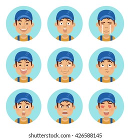 Set of auto mechanic emoticons. Mechanic avatars showing different emotions. Happy, smile, sad, cry, angry, love, surprised, upset, laugh and other facial expressions. Flat style vector illustration