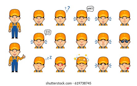 Set of auto mechanic emoticons. Funny workman emojis showing various facial expressions. Happy, laugh, sad, angry, serious, shocked, dazed, in love and other emotions. Simple vector illustration