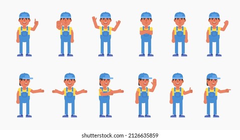 Set of auto mechanic, worker or courier characters showing various hand gestures. Modern vector illustration