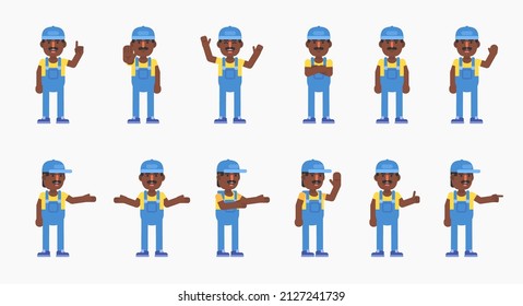 Set of auto mechanic, worker or courier characters showing various hand gestures. Modern vector illustration