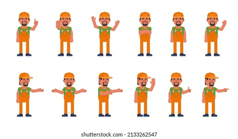 Set of auto mechanic, worker or courier characters showing various hand gestures. Modern vector illustration