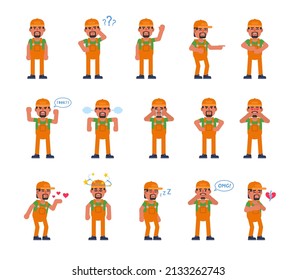 Set of auto mechanic, worker or courier characters showing various emotions. Modern vector illustration