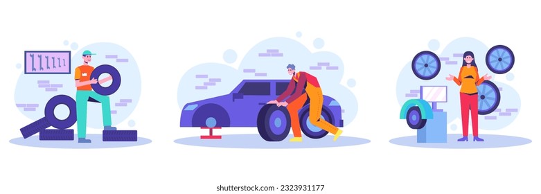 Set von Automechanikern, die Ersatzteile für Kraftfahrzeuge herstellen. Mechanik in gleichbleibendem Stehen im Autodienst und Ersatz alter Reifen auf dem Auto. Kunde wartet auf Auto. Flache Vektorgrafik