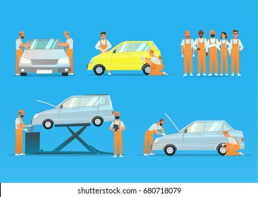 Set auto mechanics in repair work process equipment