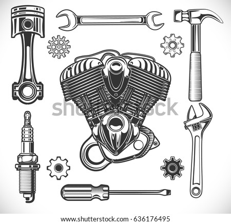 Set of auto and moto logos, garage, service, repair tools isolated on a white background. vector illustration
