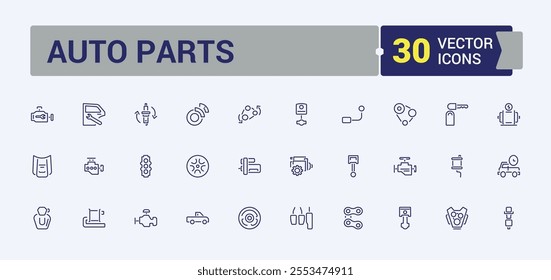 Set of Auto Parts line icons. Contains related to pictogram, stroke, tire, editable, thin and more. Simple icon designs. Editable vector icon and illustration.