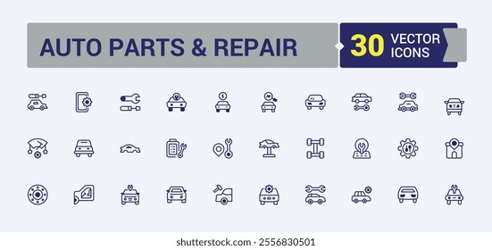 Set of Auto Parts And Repair line icons. Includes thin line wash, engine, auto service, auto, setting, worker. Outline icons pack. Vector illustration in modern line style.