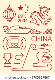 Set von Auto-Rennen Design-Elemente China. Linearer Stil, Vektorgrafik. Kontur editierbar.
