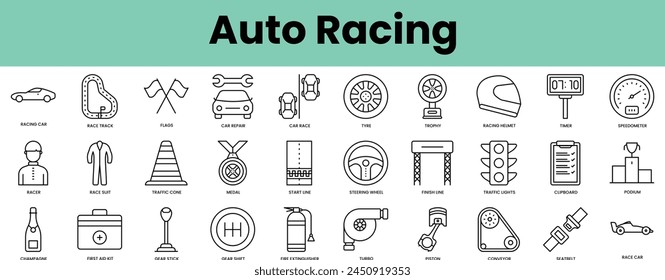 Set of auto racing icons. Linear style icon bundle. Vector Illustration