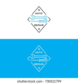 Set of auto repair logo blue black color isolated on background for auto service shop, car fix. Stamps, banners, labels, logotype, emblem and design elements for you business. Vector illustration