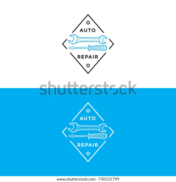 Set of auto repair logo blue black color\
isolated on background for auto service shop, car fix. Stamps,\
banners, labels, logotype, emblem and design elements for you\
business. Vector\
illustration