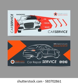 Set Of Auto Repair Service Banner, Poster, Flyer. Car Service Business Layout Templates. Vector Illustration.